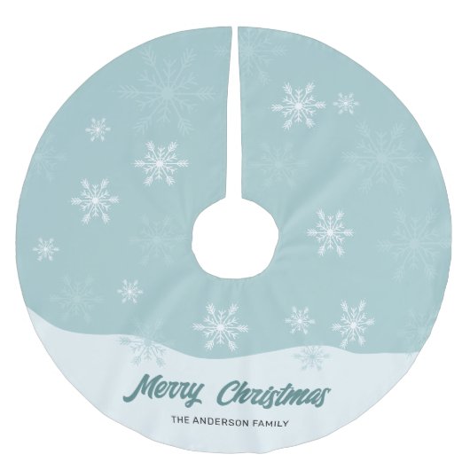 Jupon De Sapin En Polyester Brossé Snowflakes Turquoise Script moderne Noël (Devant)