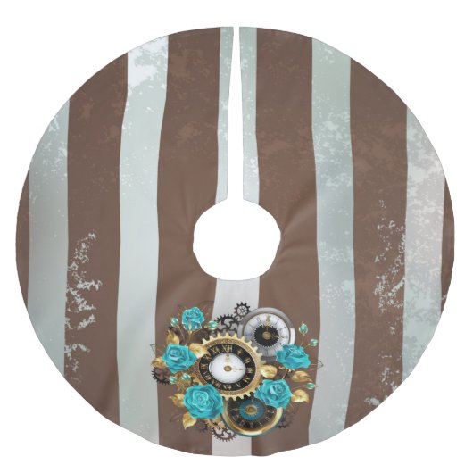 Jupon De Sapin En Polyester Brossé Steampunk Clock and Turquoise Roses on Striped (Devant)