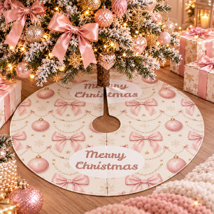 Jupon De Sapin En Polyester Brossé Tapis de Noël Rose Coquette Joyeux Noël Nœuds & Pe