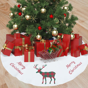 Jupon De Sapin En Polyester Brossé Tartan à carreaux rouge vert rennes de Noël