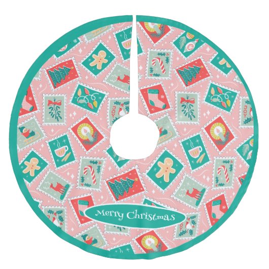 Jupon De Sapin En Polyester Brossé Timbres postés de Noël rétro (Devant)