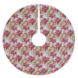 Jupon De Sapin En Polyester Brossé Tourbillons dorés Bourgogne Rose Poinsettias de No