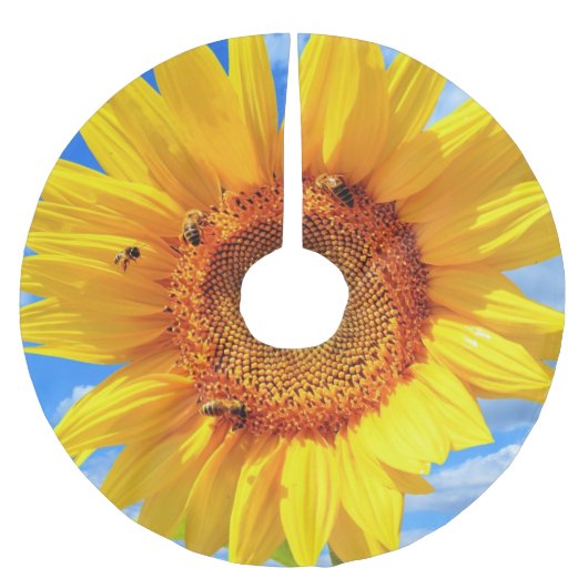 Jupon De Sapin En Polyester Brossé Tournesol et abeilles Jupe d'arbre de Noël (Devant)