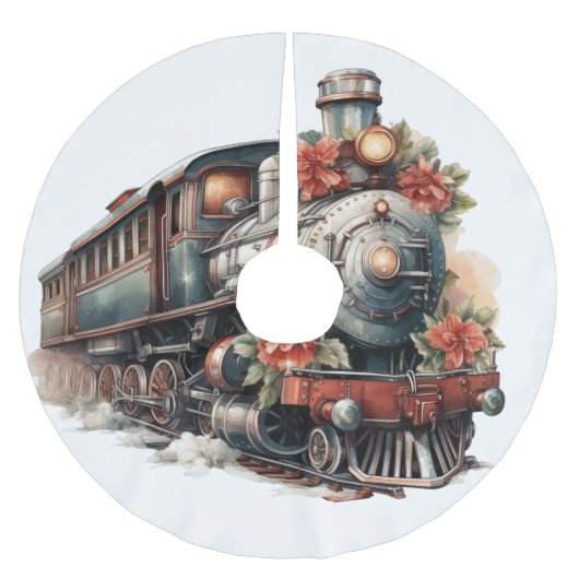 Jupon De Sapin En Polyester Brossé Train à vapeur à l'ancienne Noël rétro (Devant)