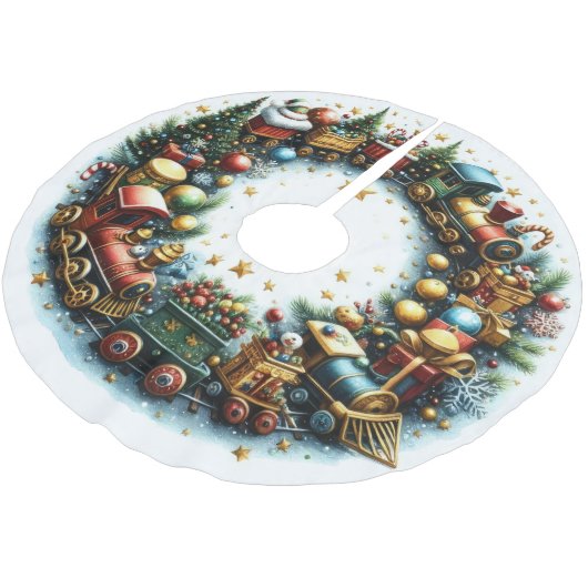 Jupon De Sapin En Polyester Brossé Trains d'aquarelle à Noël blanc (Angle)