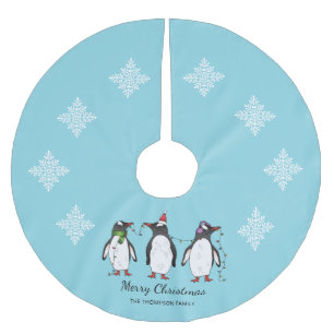 Jupon De Sapin En Polyester Brossé Trois manchots de Noël festifs avec texte personna