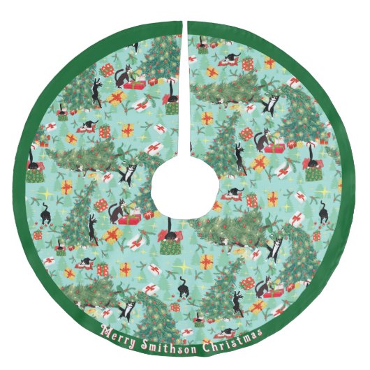 Jupon De Sapin En Polyester Brossé Un chat drôle rencontre l'arbre de Noël (Devant)