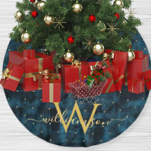 Jupon De Sapin En Polyester Brossé Velours Monogrammé Élégant Bleu Sarcelle Foncé Or