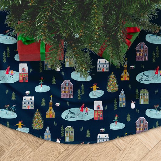 Jupon De Sapin En Polyester Brossé Village de Noël Motif bleu 'Joyeux Noël'