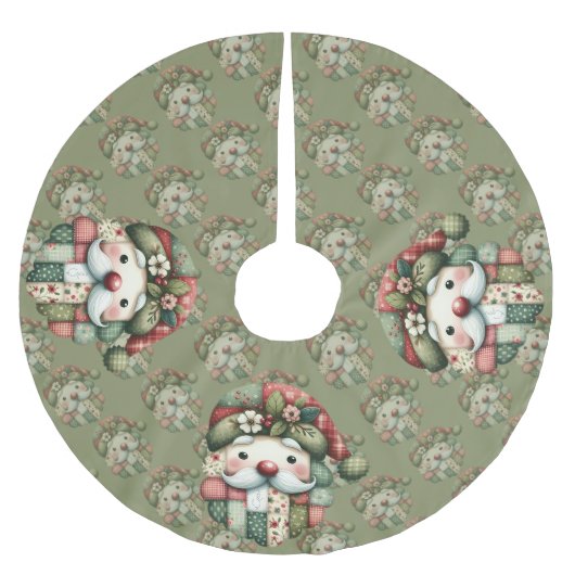 Jupon De Sapin En Polyester Brossé Whimsical Patchwork Santa Folk Christmas (Devant)