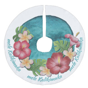 Jupon De Sapin Imitation Lin Tropical mele Kalikimaka sarcelle Noël blanc