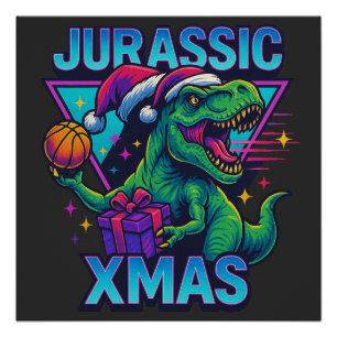Jurassic Kerstmis T-Rex - Retro 80s Neon Dinosaur  Perfect Poster