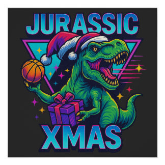 Jurassic Kerstmis T-Rex - Retro 80s Neon Dinosaur Perfect Poster
