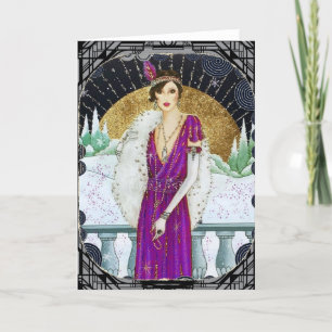 Jurk uit de jaren 20 paarse winter flapper dame feestdagen kaart