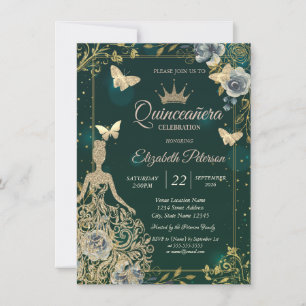 Jurk, Vlinders Bloemen Groen Quinceañera Kaart