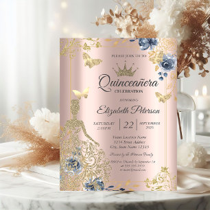 Jurk,Vlinders Bloemen Roze Goud Quinceañera Kaart