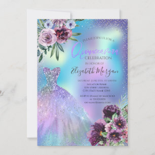 Jurken,Violette Bloemen Holografische Quinceañera Kaart