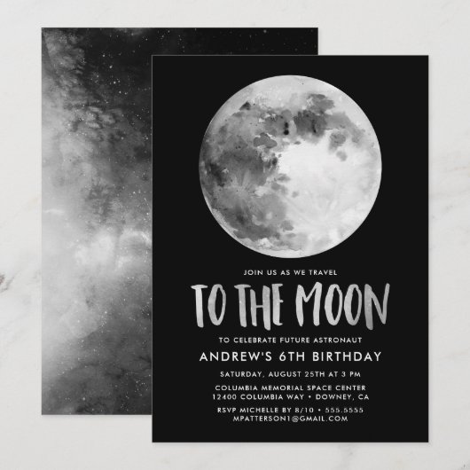 Jusqu'à la Lune | Invitation à une fête d'annivers (Devant / Derrière)