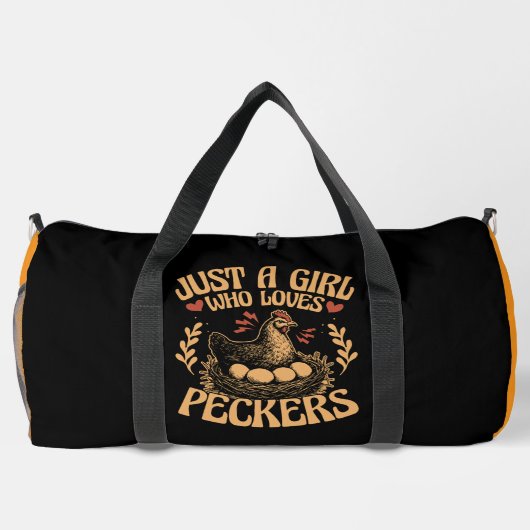 Just a Girl Who Loves Peckers" - Humorous Chicken Plunjezak (Achterkant)