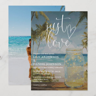Just Love Beach Palm Tree Mason Jar Foto Bruiloft Kaart