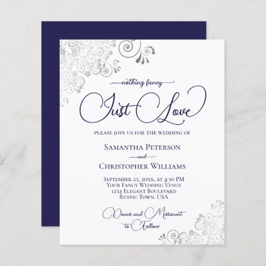 Just Love Navy Blue QR Code BUDGET Uitnodiging voo (Voorkant / Achterkant)