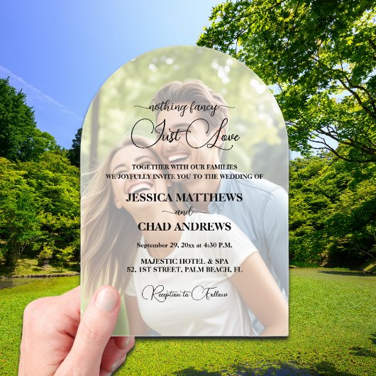 Just Love Text Overlay Photo Wedding  Acryl Uitnodigingen
