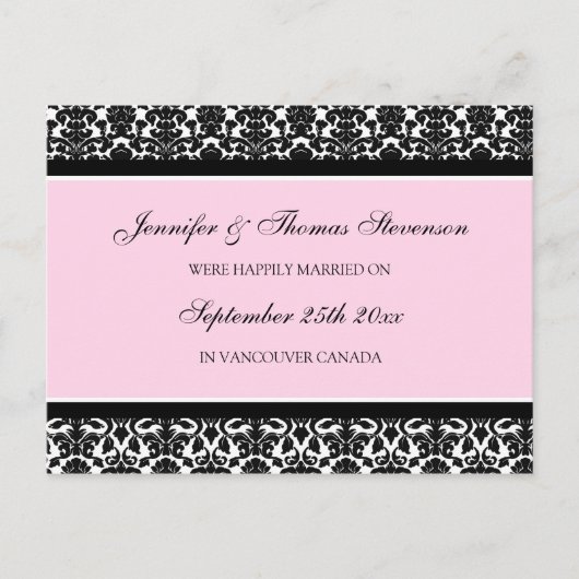 Just Married Announcement Briefkaarten Pink Damask (Voorkant)