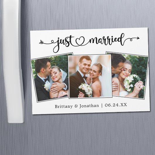 Just Married Calligraphy Heart 3 Photo Magnet Card