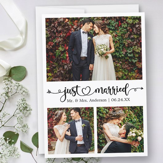 Just Married Calligraphy Heart 3 Photo Wedding Aankondiging