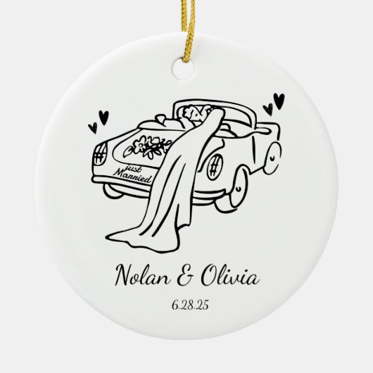 Just Married Custom Couple Names & Wedding Date Keramisch Ornament (Voorkant)