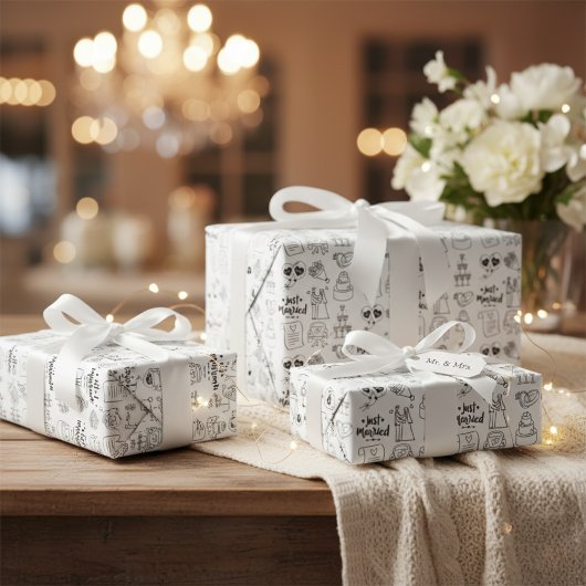 "Just Married" Icon Pattern Wrapping Paper Cadeaupapier
