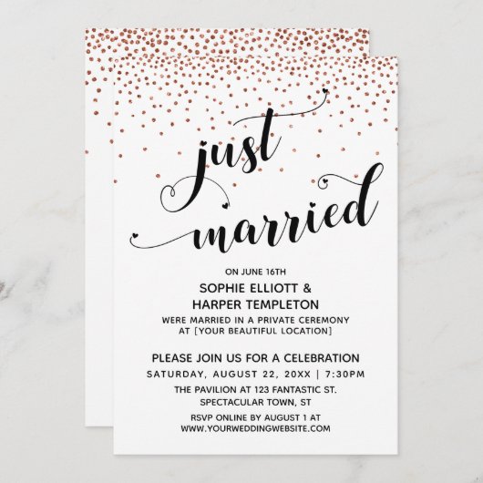 Just Married Script Koperen Confetti Ontvangst-Onl Kaart (Voorkant / Achterkant)