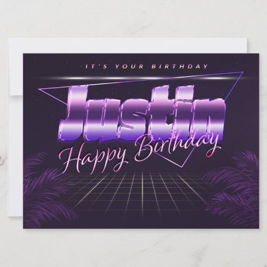 Justin prénom carte rétro lilas anniversaire (Devant)