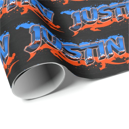 Justin Vorname Name Graffiti blue orange Cadeaupapier (Rol Hoek)