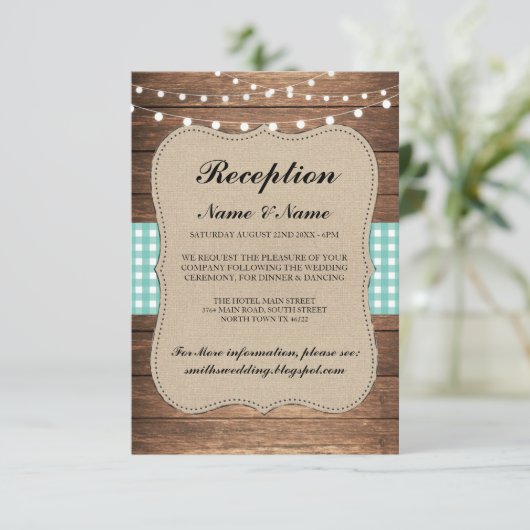 Jute Bruilofts Ontvangst Kaarten Hout Teal (Staand voorkant)