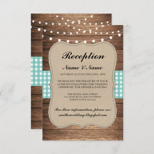 Jute Bruiloftsreceptiekaarten Hout Teal Kaart (Voorkant / Achterkant)