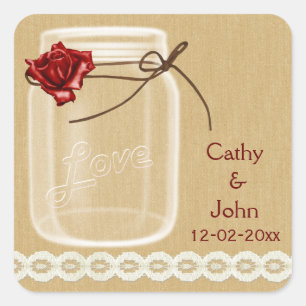 jute en rode roos mason jar envelop seals vierkante sticker