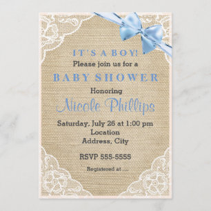 Jute kant en blauwe strik baby shower uitnodiging