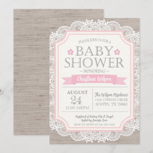 Jute Roze & Kanten Baby Shower Uitnodiging