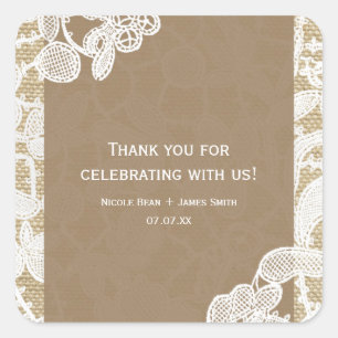 Jute & Witte Bloemslinger Elegant Rustieke Trouw Vierkante Sticker