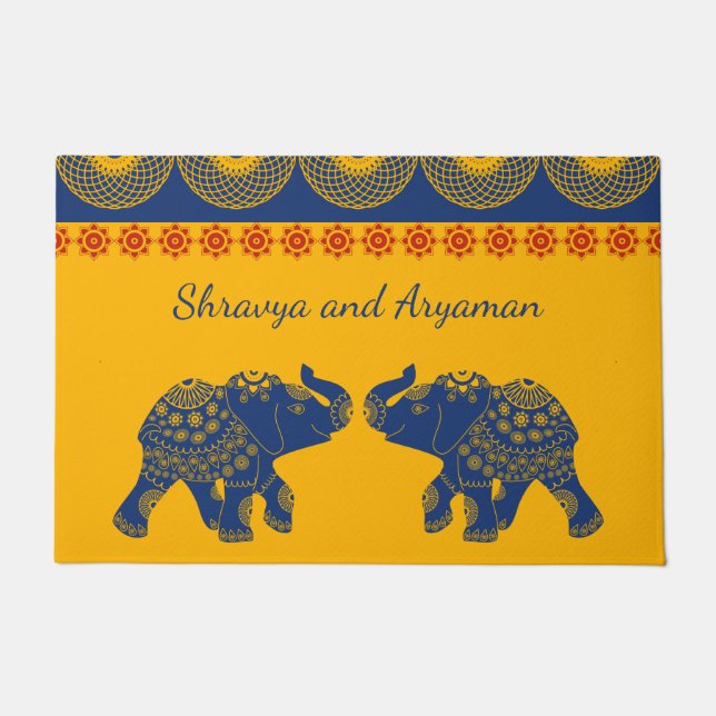 Juwelen Elephants, Golde and Blue Personalized Deurmat (Voorkant)