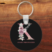 K Floral Monogram Name Letters Roze Agate Sleutelh Sleutelhanger (Voorkant)