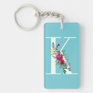 K Letter Initiële Monogram Bloem Kleur op Maat Sleutelhanger