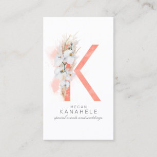 K Letter Monogram White Orchids and Pampas Grass Visitekaartje