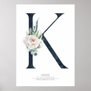 K Letter Monogram Witte Bloemen en Groene Planten Poster