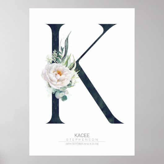 K Letter Monogram Witte Bloemen en Groente Poster (Voorkant)
