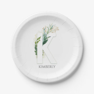 K Monogram Gouden Groene Bladeren Elegant Naam Papieren Bordje
