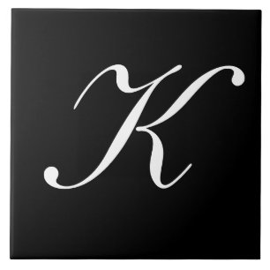 "K" Monogram Initiaal Wit op Zwart Tegeltje