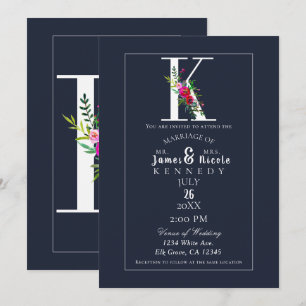 K Monogram Laatste Initiaal Modern Blauw Bloemig H Kaart