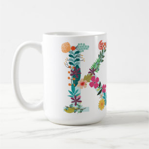 K Monogram Mok, Floral K Initiaal, botanisch Koffiemok